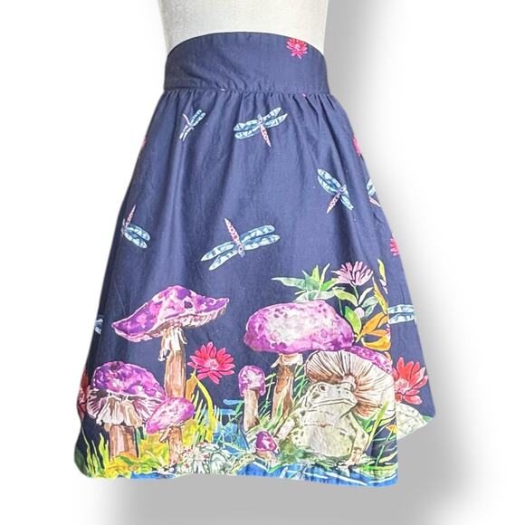 ModCloth Navy Blue Skirt Frogs Mushrooms Dragonflies  Animal Print A-line Small - Picture 8 of 12
